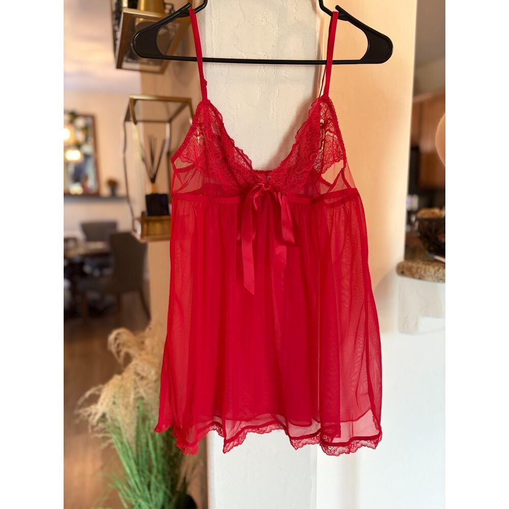 VICTORIA'S SECRET VERY SEXY Sheer Mesh Lace Babydoll Satin Bow Red Nightie L - Picture 2 of 5